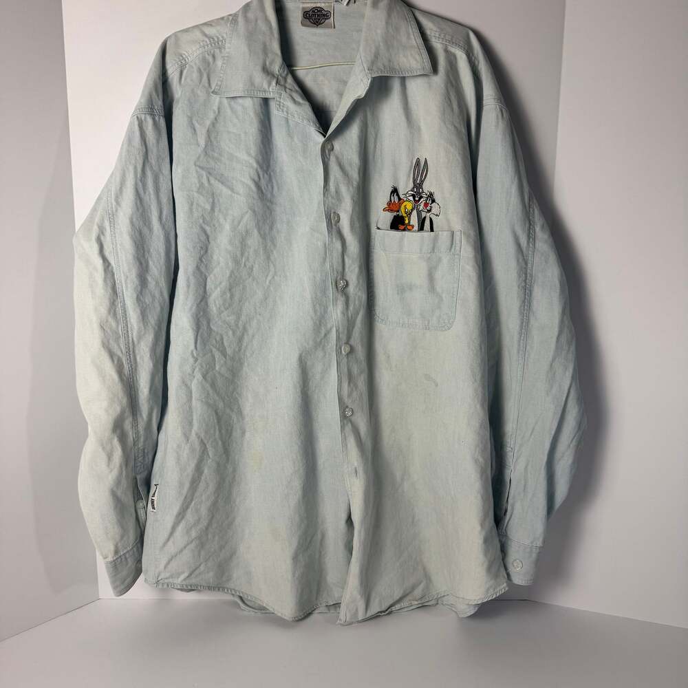 Vintage 90s Acme Clothing Co. Looney Tunes Embroidered Chambray Denim Shirt XL